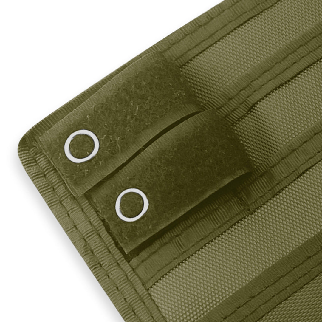 Close-up of a Olive Green fabric with grommets on a white background