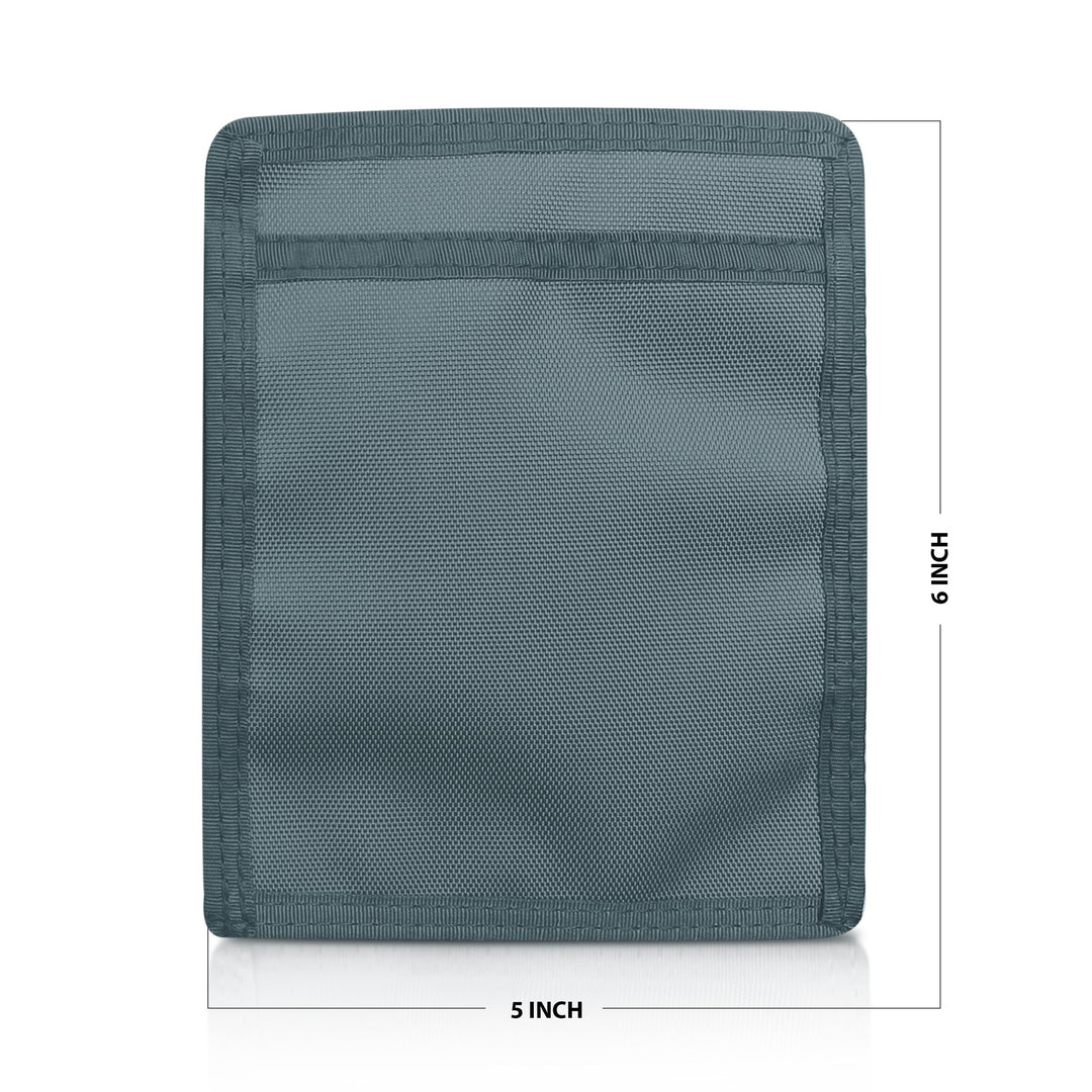 Gray pouch with mesh pocket and measurements on a white background