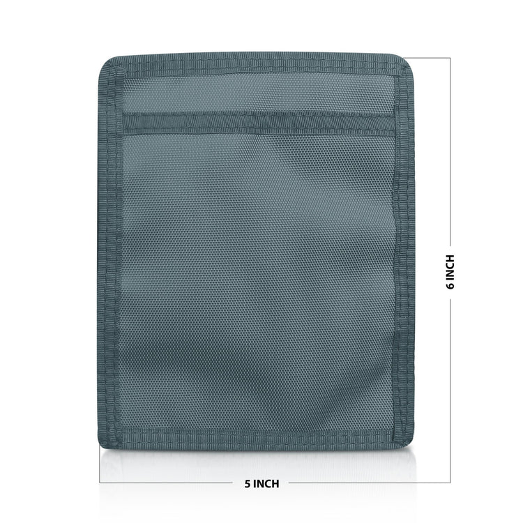 Gray pouch with mesh pocket and measurements on a white background