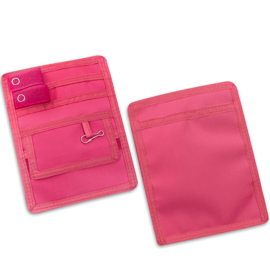 Two Hot Pink fabric pouches displayed against a clean white background, showcasing both the front and back views for a clear look at design and detailing.