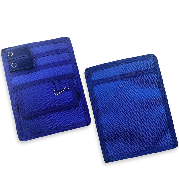 Two Blue fabric pouches displayed against a clean white background, showcasing both the front and back views for a clear look at design and detailing.