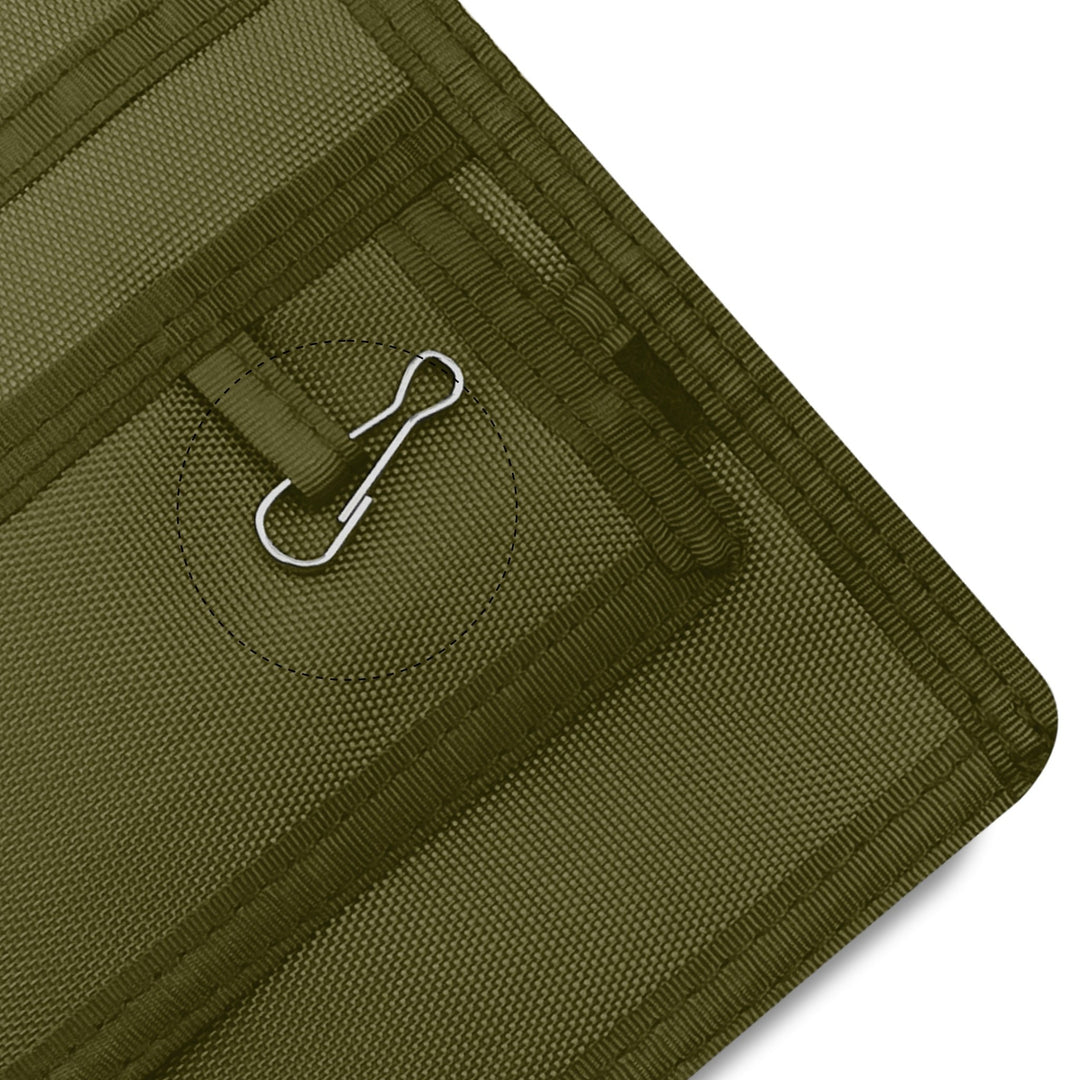 Close-up of a Olive Green fabric with a metal clip on a white background