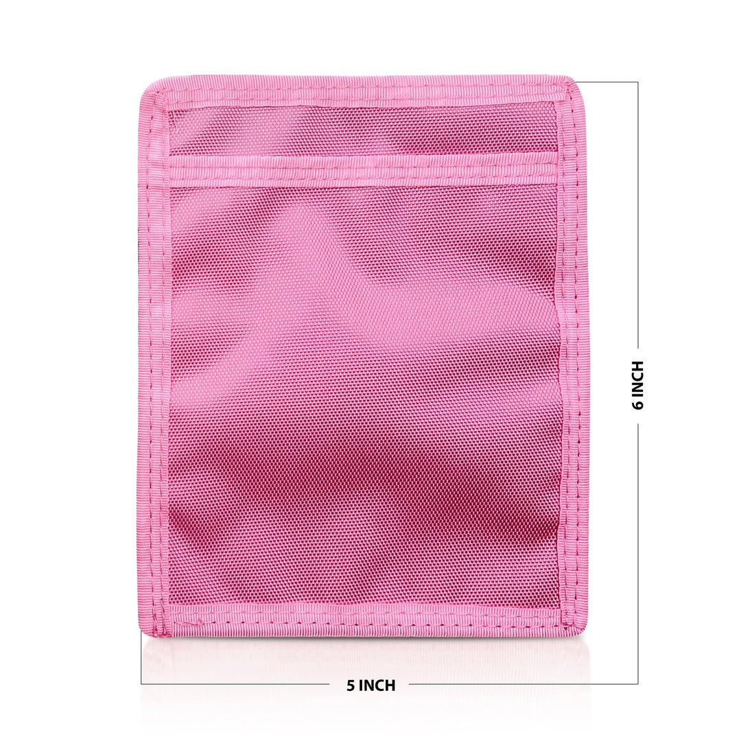 Light Pink pouch with mesh pocket and measurements on a white background