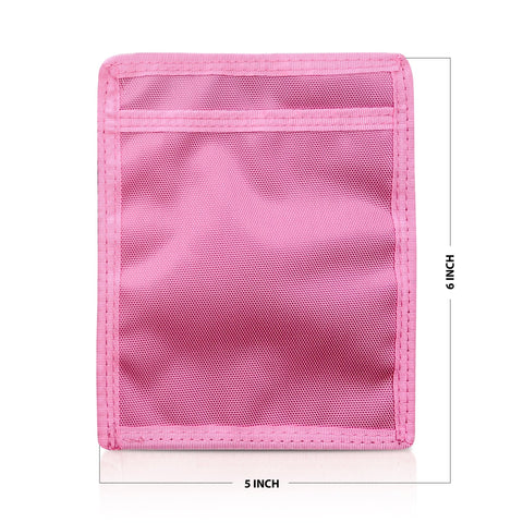 Light Pink pouch with mesh pocket and measurements on a white background