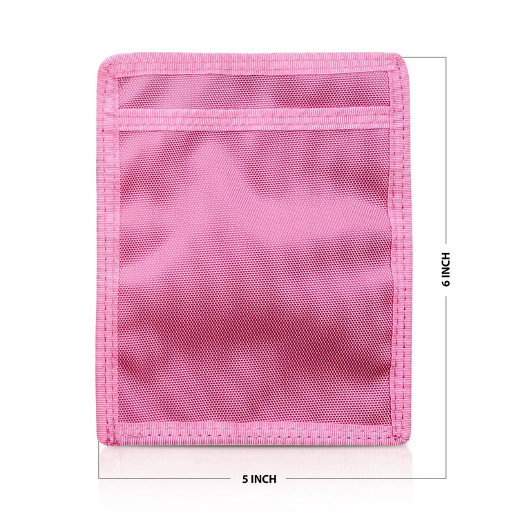 Light Pink pouch with mesh pocket and measurements on a white background