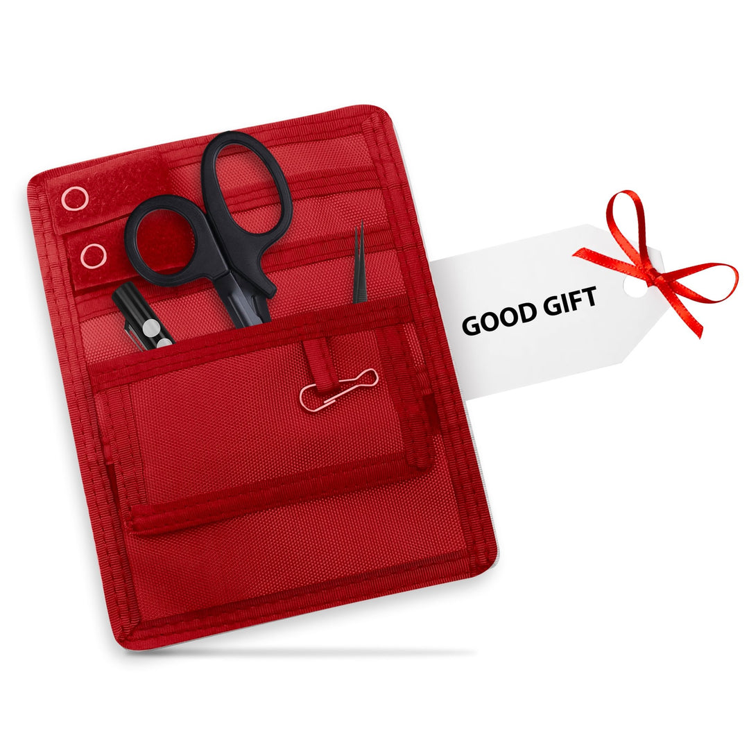 Red tool pouch with scissors, pliers, and a clip, accompanied by a 'Good Gift' tag.
