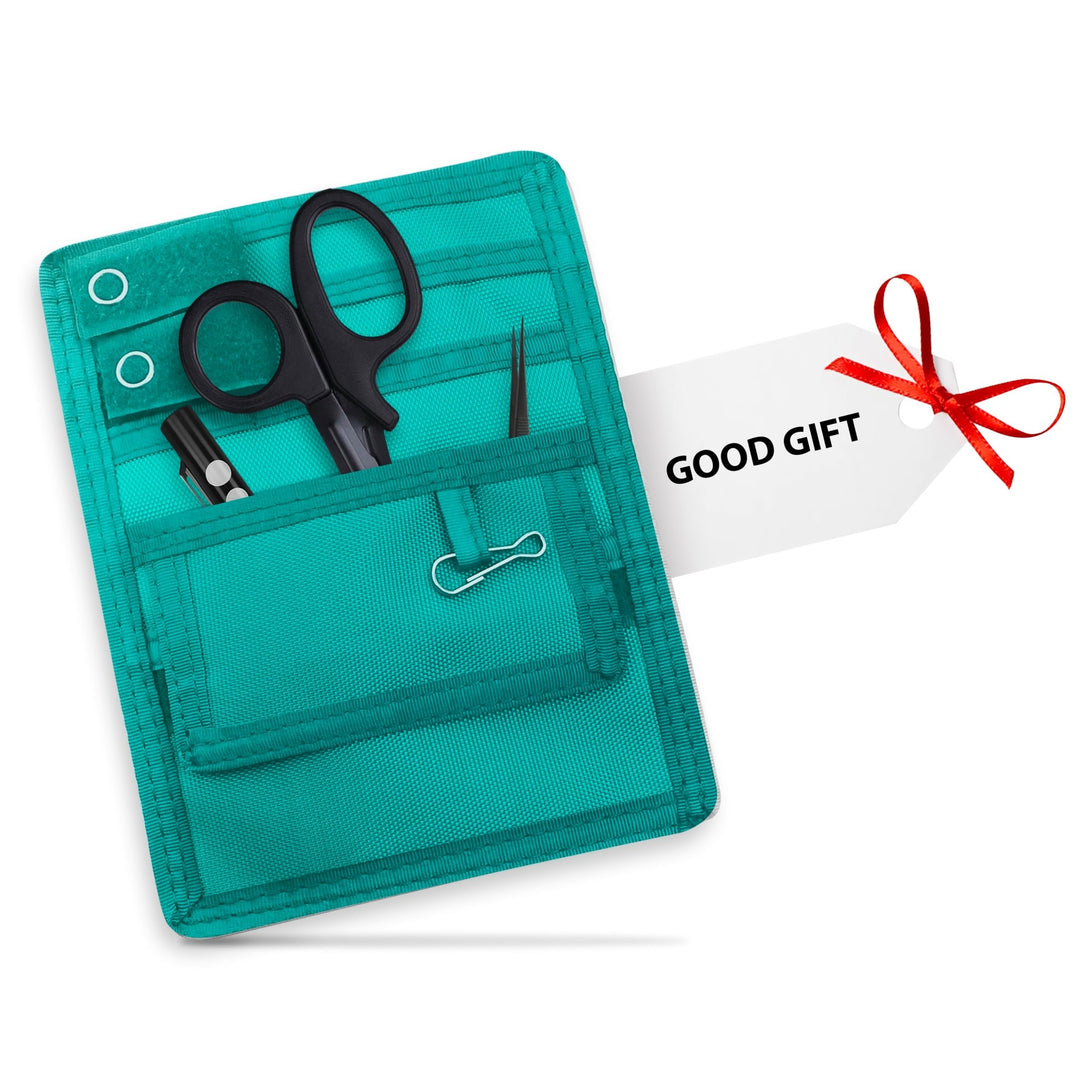 Green tool pouch with scissors, pliers, and a clip, accompanied by a 'Good Gift' tag.