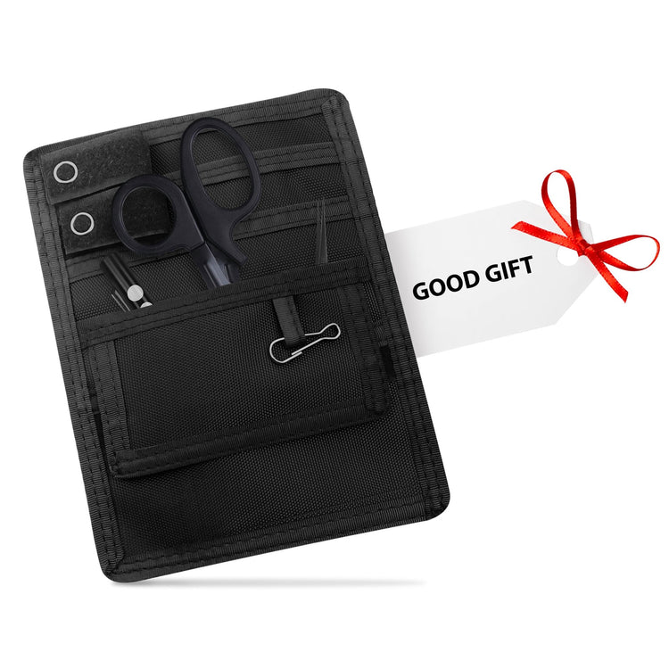 Black tool pouch with scissors, pliers, and a clip, accompanied by a 'Good Gift' tag.