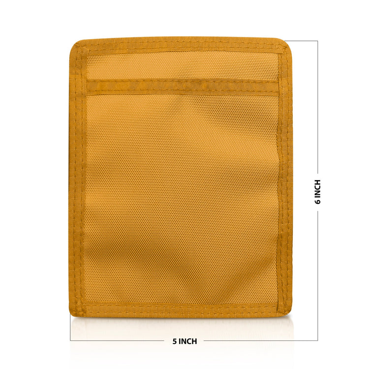 Yellow pouch with mesh pocket and measurements on a white background