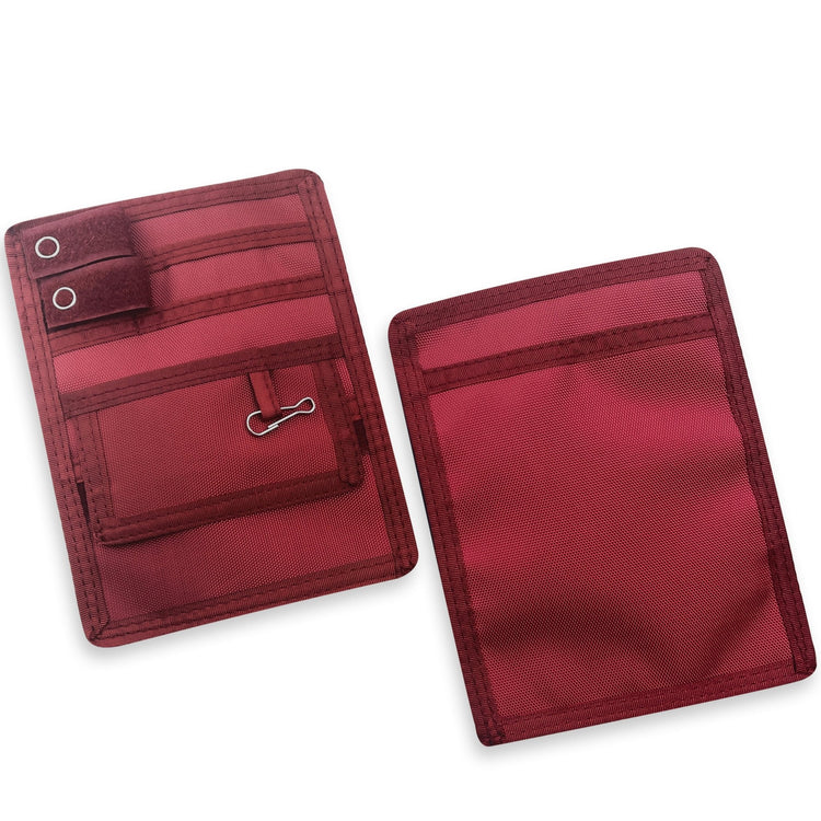 Two Burgundy fabric pouches displayed against a clean white background, showcasing both the front and back views for a clear look at design and detailing.