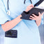 A nurse jotting down notes during her shift, with a sleek organizer pouch visibly tucked into her scrub pocket—ready with essential tools for quick access.