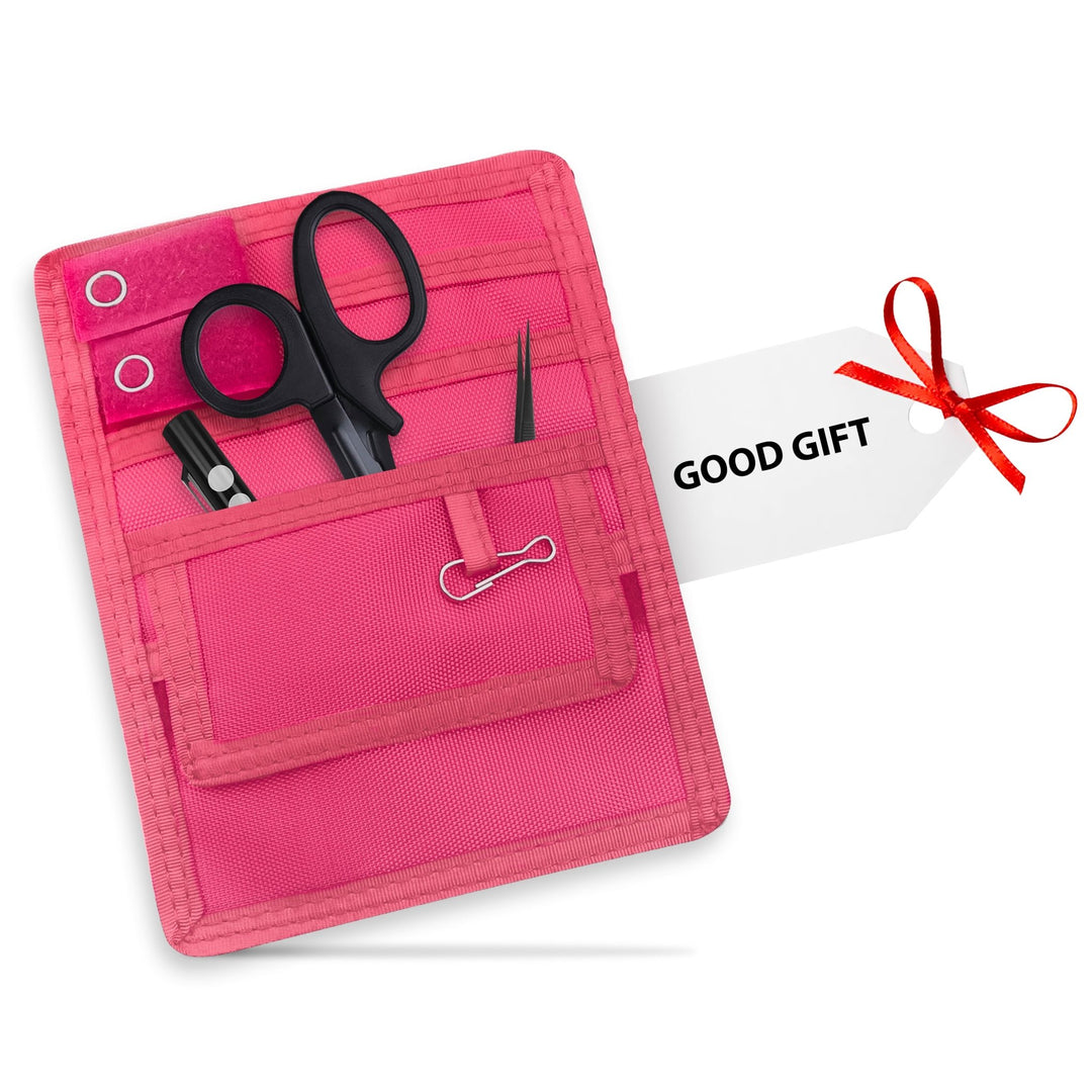 Pink tool pouch with scissors, pliers, and a clip, accompanied by a 'Good Gift' tag.