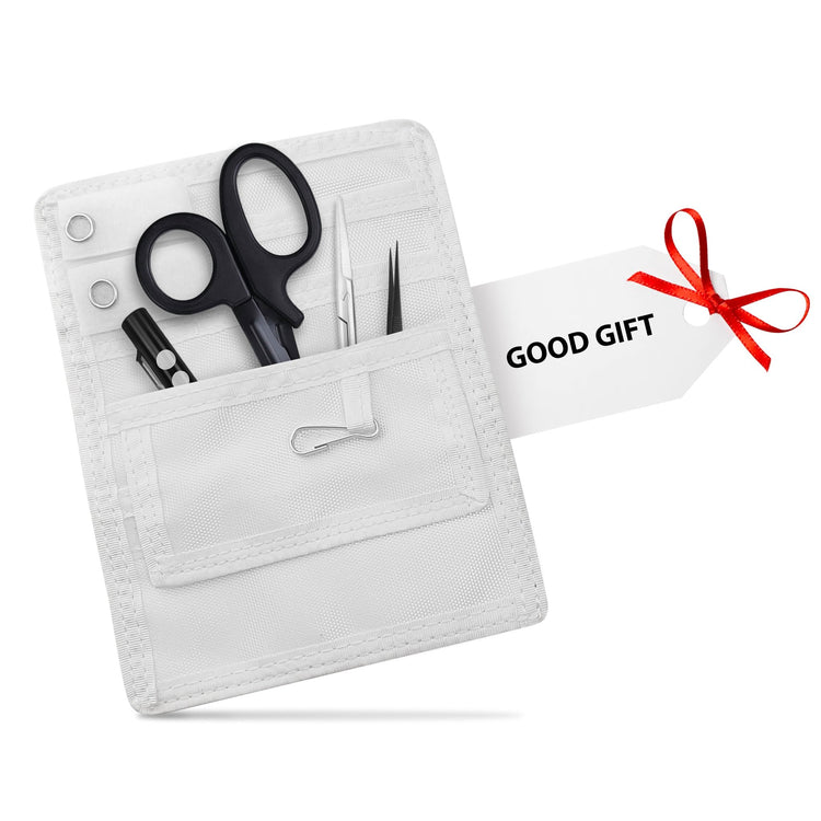 White tool pouch with scissors, pliers, and a clip, accompanied by a 'Good Gift' tag.