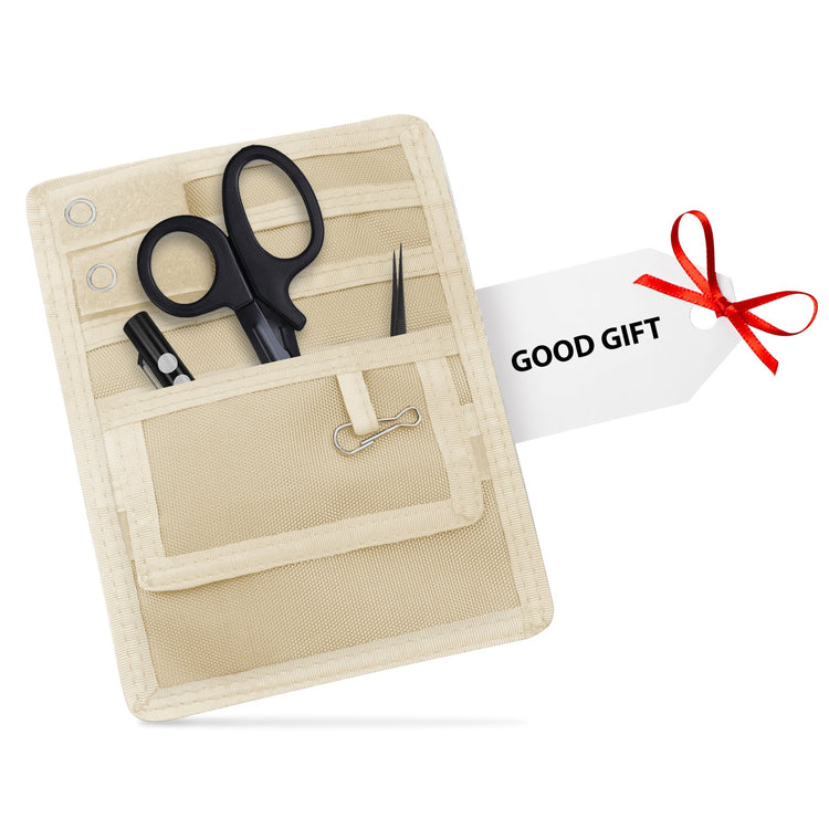Off White tool pouch with scissors, pliers, and a clip, accompanied by a 'Good Gift' tag.