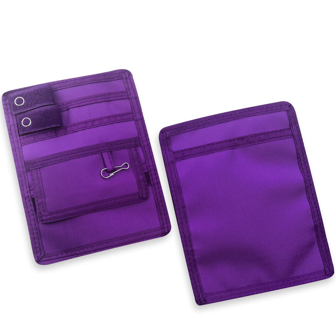 Two Purple fabric pouches displayed against a clean white background, showcasing both the front and back views for a clear look at design and detailing.