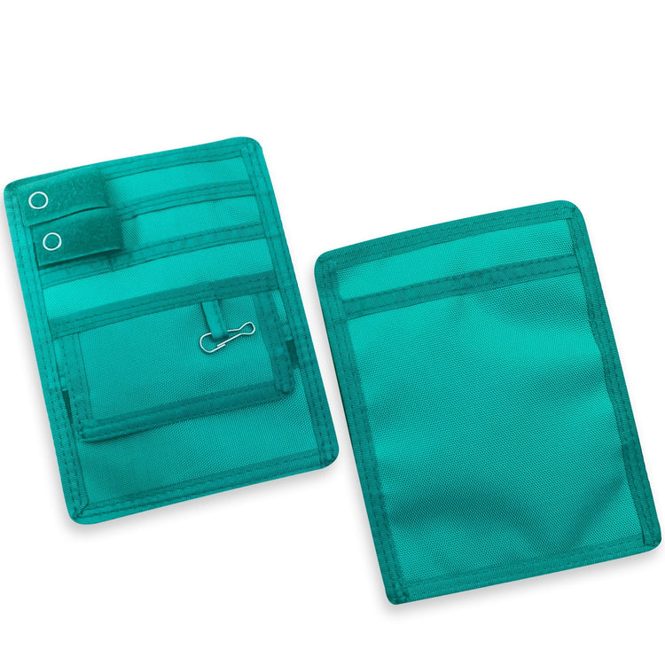 Two Green fabric pouches displayed against a clean white background, showcasing both the front and back views for a clear look at design and detailing.