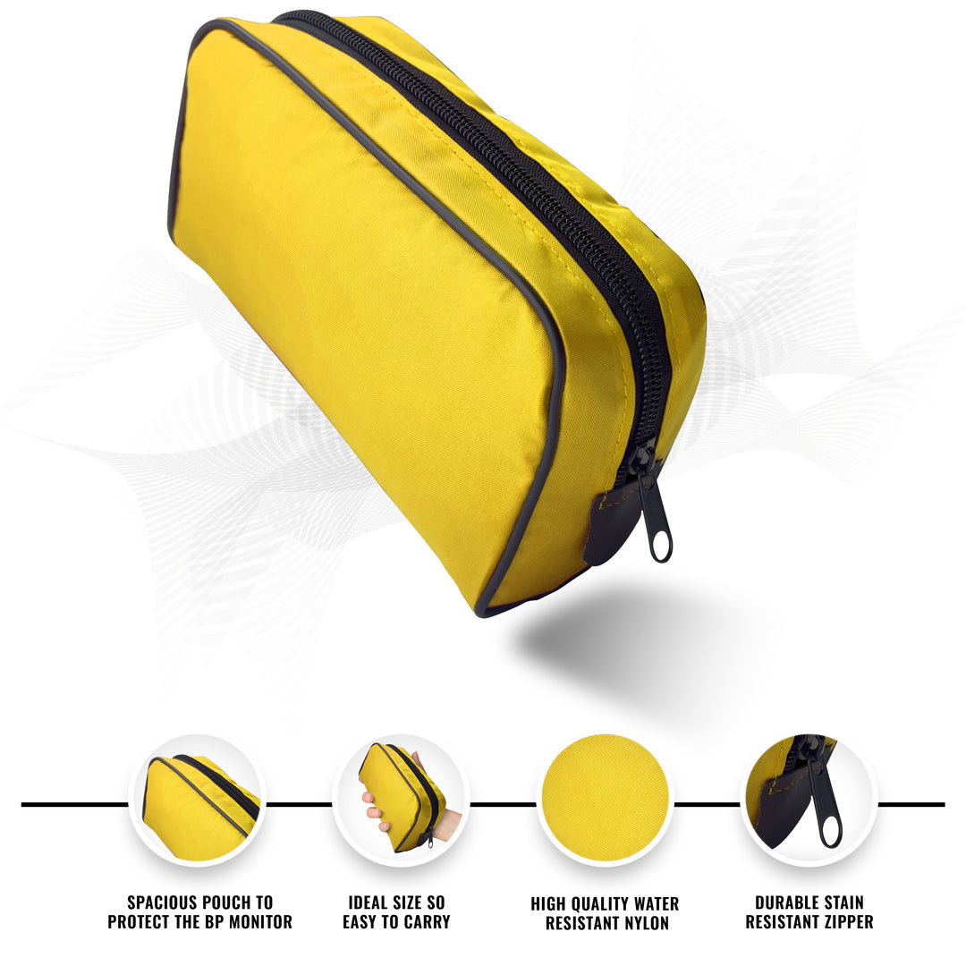 Yellow polyester carrying case displayed with icons for spaciousness, portability, water resistance, and durable zipper.