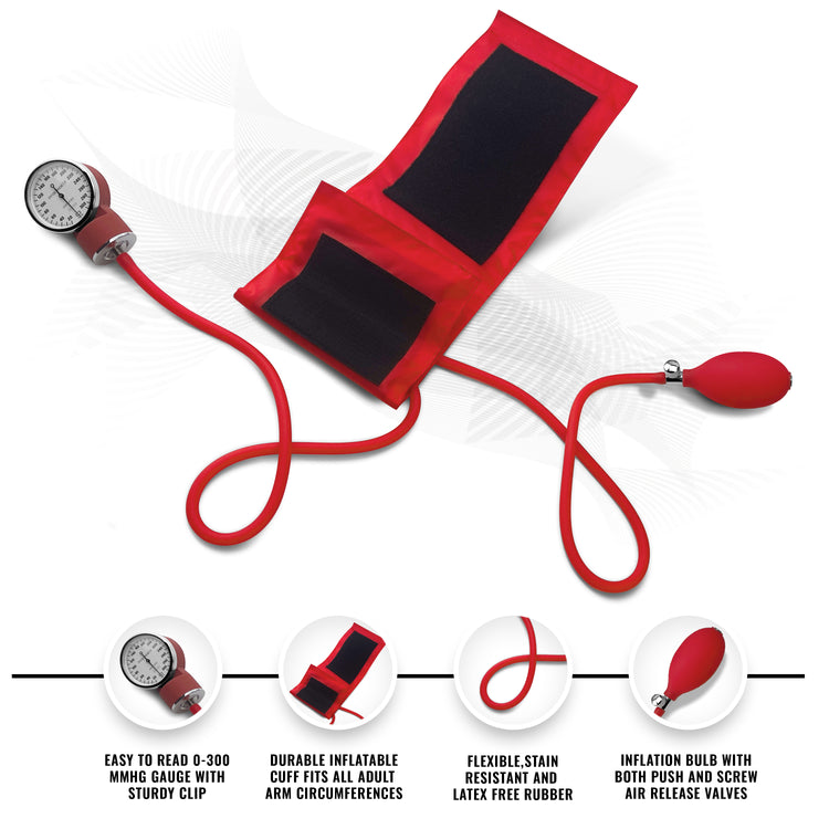 Detailed view of the red manual blood pressure unit, featuring a latex-free inflation bulb, easy-to-read gauge, and a durable nylon cuff for adult arms.