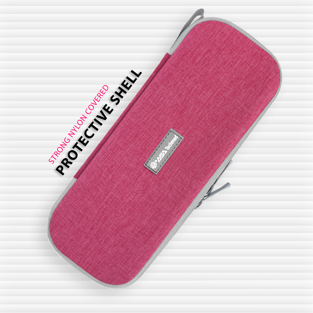 An angled view of the closed rectangular carrying case. Text on the left points to the "STRONG NYLON COVERED PROTECTIVE SHELL" that provides a durable exterior for the medical tools.