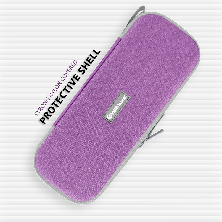 An angled view of the closed rectangular carrying case. Text on the left points to the "STRONG NYLON COVERED PROTECTIVE SHELL" that provides a durable exterior for the medical tools.
