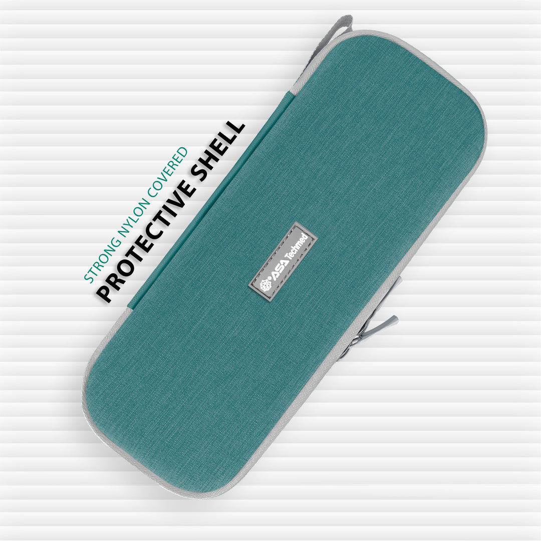 An angled view of the closed rectangular carrying case. Text on the left points to the "STRONG NYLON COVERED PROTECTIVE SHELL" that provides a durable exterior for the medical tools.
