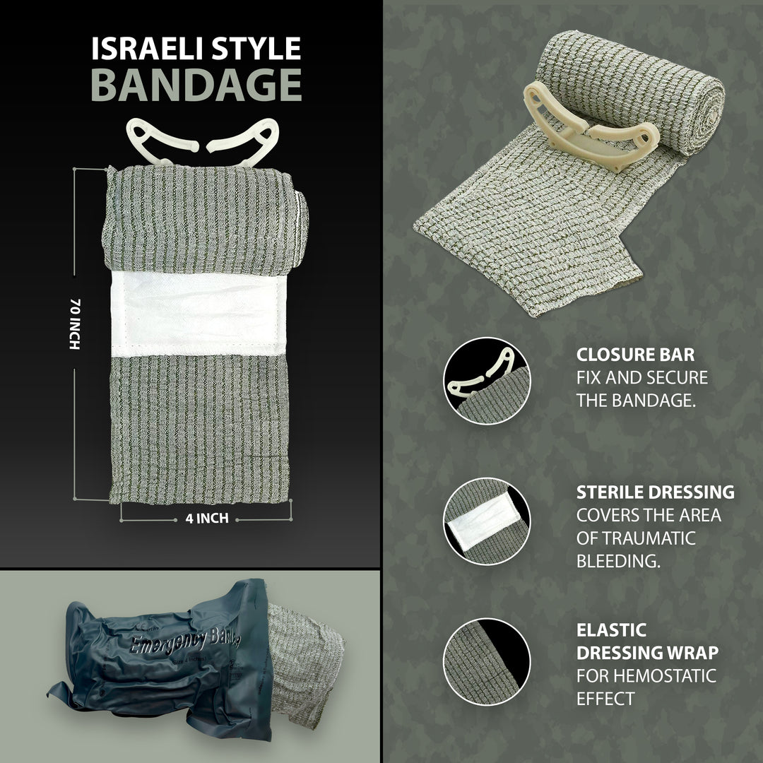 A product infographic for an "ISRAELI STYLE BANDAGE" showing both the unrolled and rolled views. The unrolled view is labeled with dimensions of 70 inches in length and 4 inches in width. Three circular insets detail the plastic "Closure Bar," the "Sterile Dressing" pad, and the textured "Elastic Dressing Wrap."