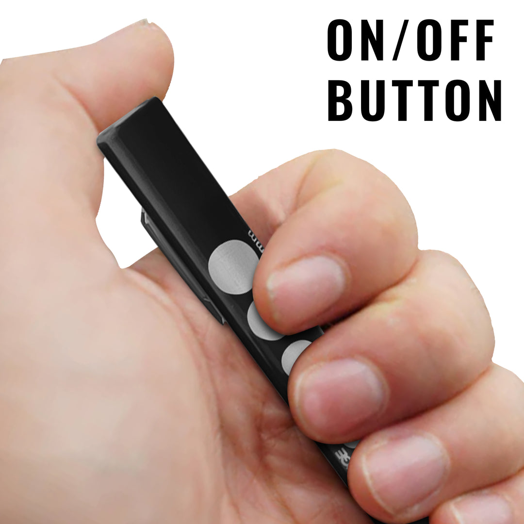 A close-up view of a hand holding the black pen light, with a thumb pressing the top click mechanism. Large text in the corner reads "ON/OFF BUTTON."