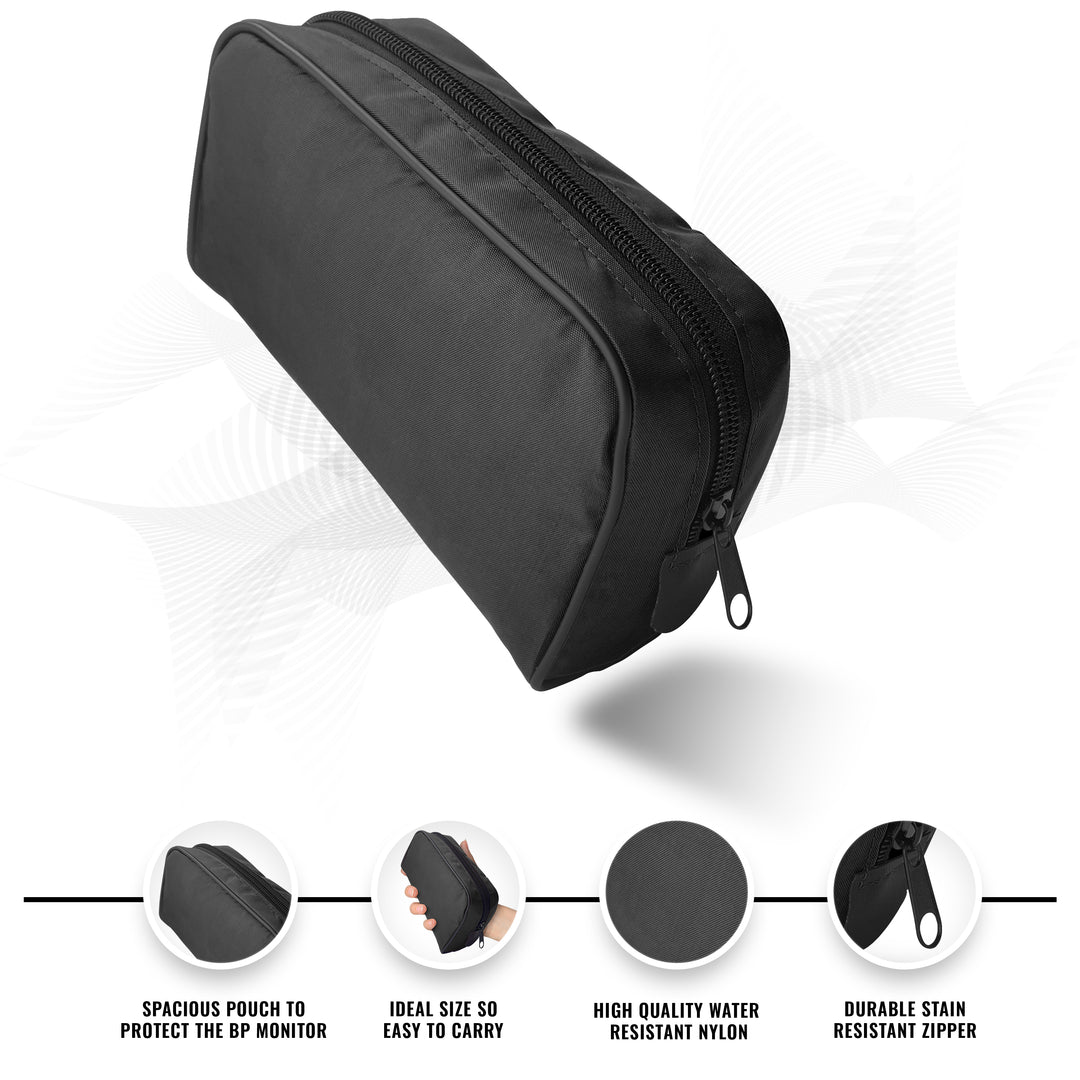 A black, zippered carrying pouch for a blood pressure monitor, featuring text callouts that highlight its spacious size, high-quality water-resistant nylon material, and durable stain-resistant zipper.