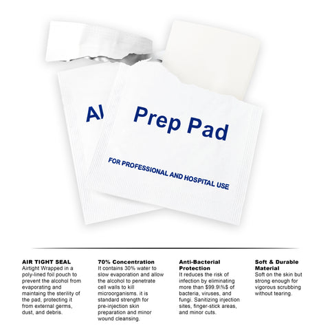 A product highlight image for "Alcohol Prep Pad" packets. One packet is torn open to show the wipe inside. Text at the bottom details the "Air Tight Seal," "70% Concentration" of alcohol, and "Anti-Bacterial Protection."