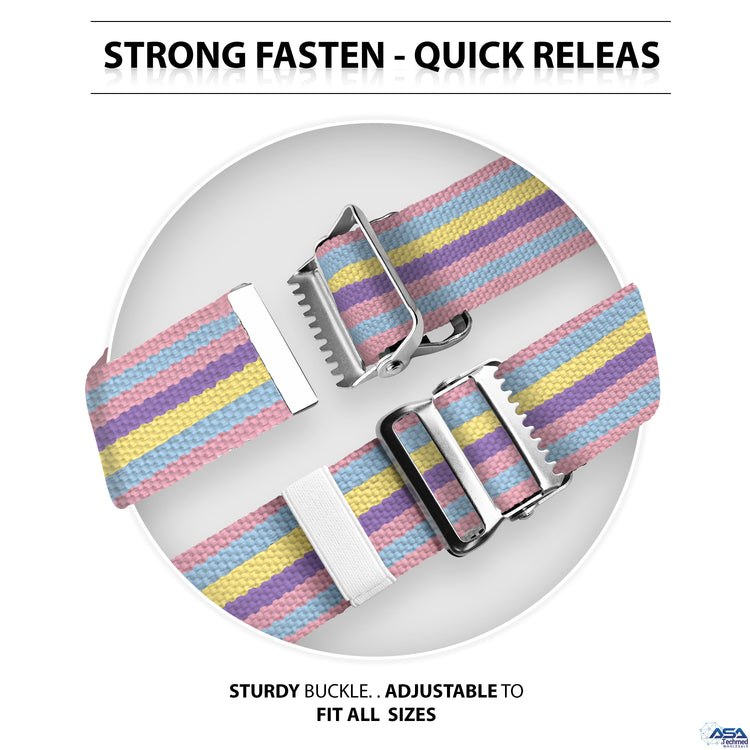 A split image titled "STRONG FASTEN - QUICK RELEASE." The top half shows the metal buckle open with the teeth visible, while the bottom half shows the belt securely fastened. Text at the bottom reads, "STURDY BUCKLE.. ADJUSTABLE TO FIT ALL SIZES."
