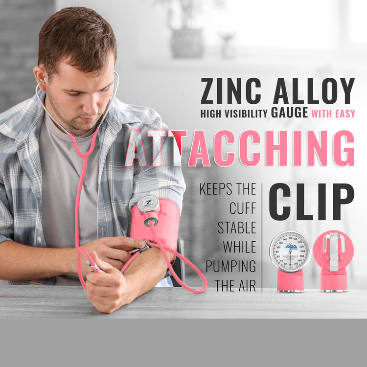 Man measuring blood pressure, highlighting the zinc alloy gauge with its easy-attaching clip
