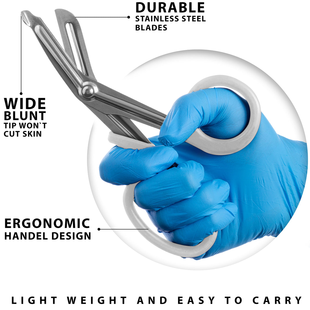 A close-up action shot of a hand in a blue medical glove holding the white trauma shears. Text highlights the "Wide Blunt Tip" designed so it won't cut skin, the ergonomic handle design, and durable stainless steel blades.