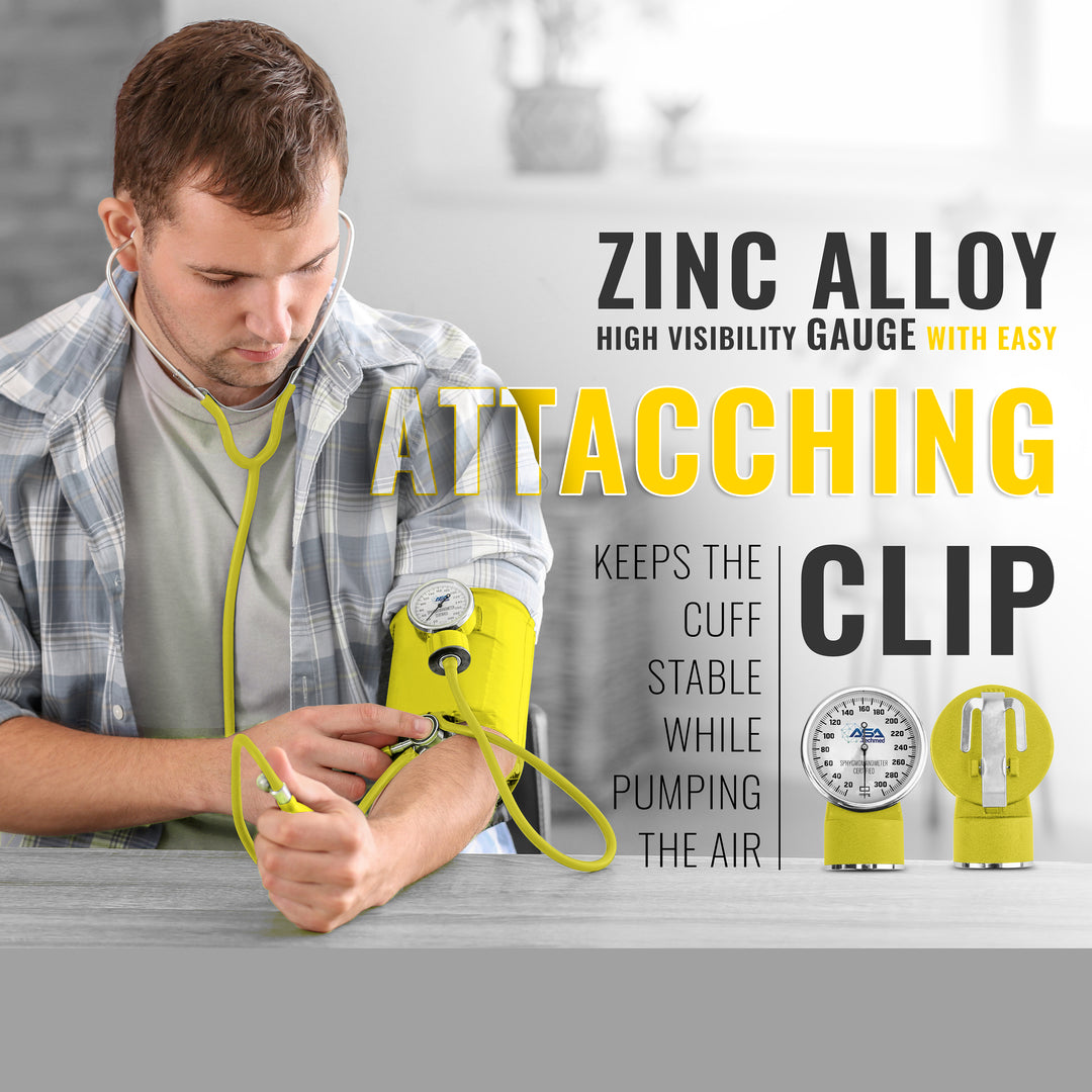 Man measuring blood pressure, highlighting the zinc alloy gauge with its easy-attaching clip