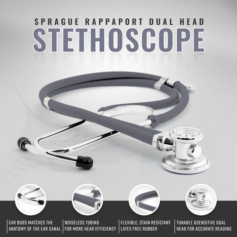 Gray Sprague Rappaport dual head stethoscope on a gray background with features highlighted.