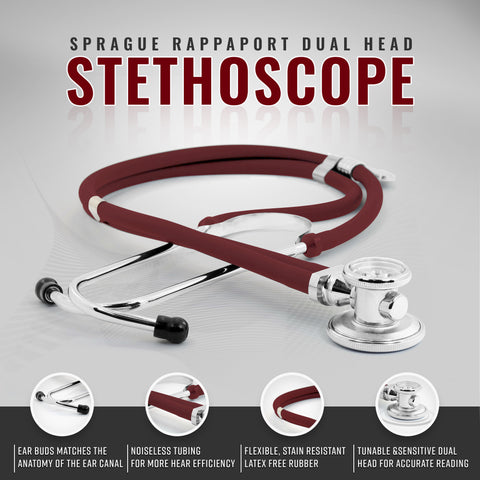 Maroon Sprague Rappaport dual head stethoscope on a gray background with features highlighted.