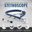 Navy Blue Sprague Rappaport dual head stethoscope on a gray background with features highlighted.