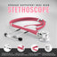 Pink Sprague Rappaport dual head stethoscope on a gray background with features highlighted.