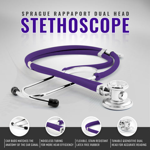 Purple Sprague Rappaport dual head stethoscope on a gray background with features highlighted.