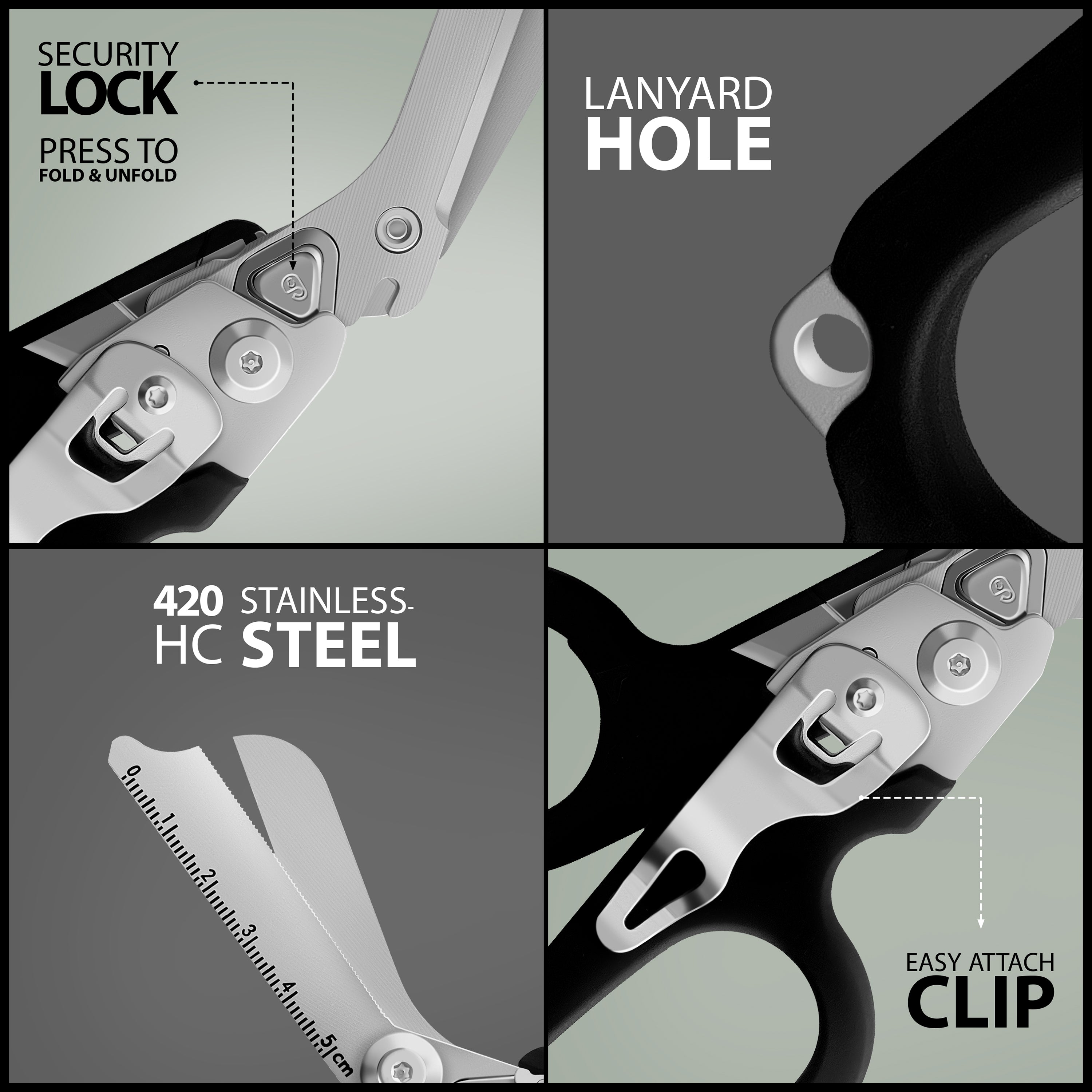 Close-up of the Security Lock, Lanyard Hole, 420 Stainless-HC Steel blade, and pocket clip.