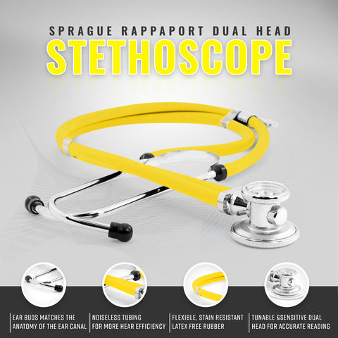 Yellow Sprague Rappaport dual head stethoscope on a gray background with features highlighted.