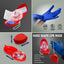 CPR mask with accessories and gloved hand on a gray background