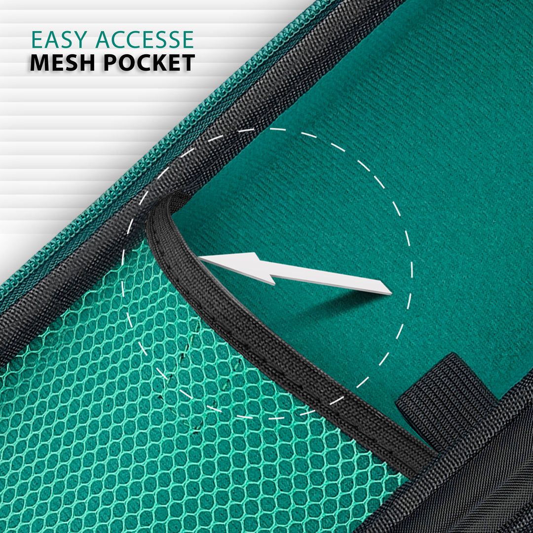 A detailed view looking inside the turquoise stethoscope case, highlighting the "easy accesse mesh pocket" (sic) on the left side, designed for organized storage of medical accessories.