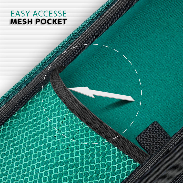 A detailed view looking inside the turquoise stethoscope case, highlighting the "easy accesse mesh pocket" (sic) on the left side, designed for organized storage of medical accessories.