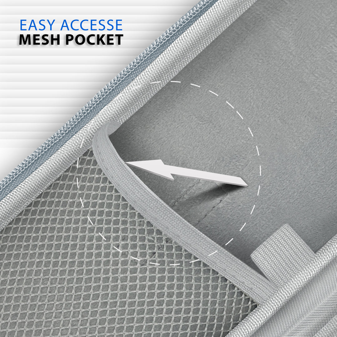A detailed view looking inside the gray stethoscope case, highlighting the "easy accesse mesh pocket" (sic) on the left side, designed for organized storage of medical accessories.