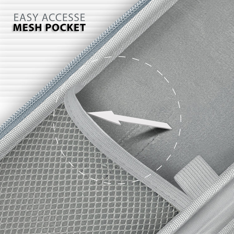 A detailed view looking inside the gray stethoscope case, highlighting the "easy accesse mesh pocket" (sic) on the left side, designed for organized storage of medical accessories.