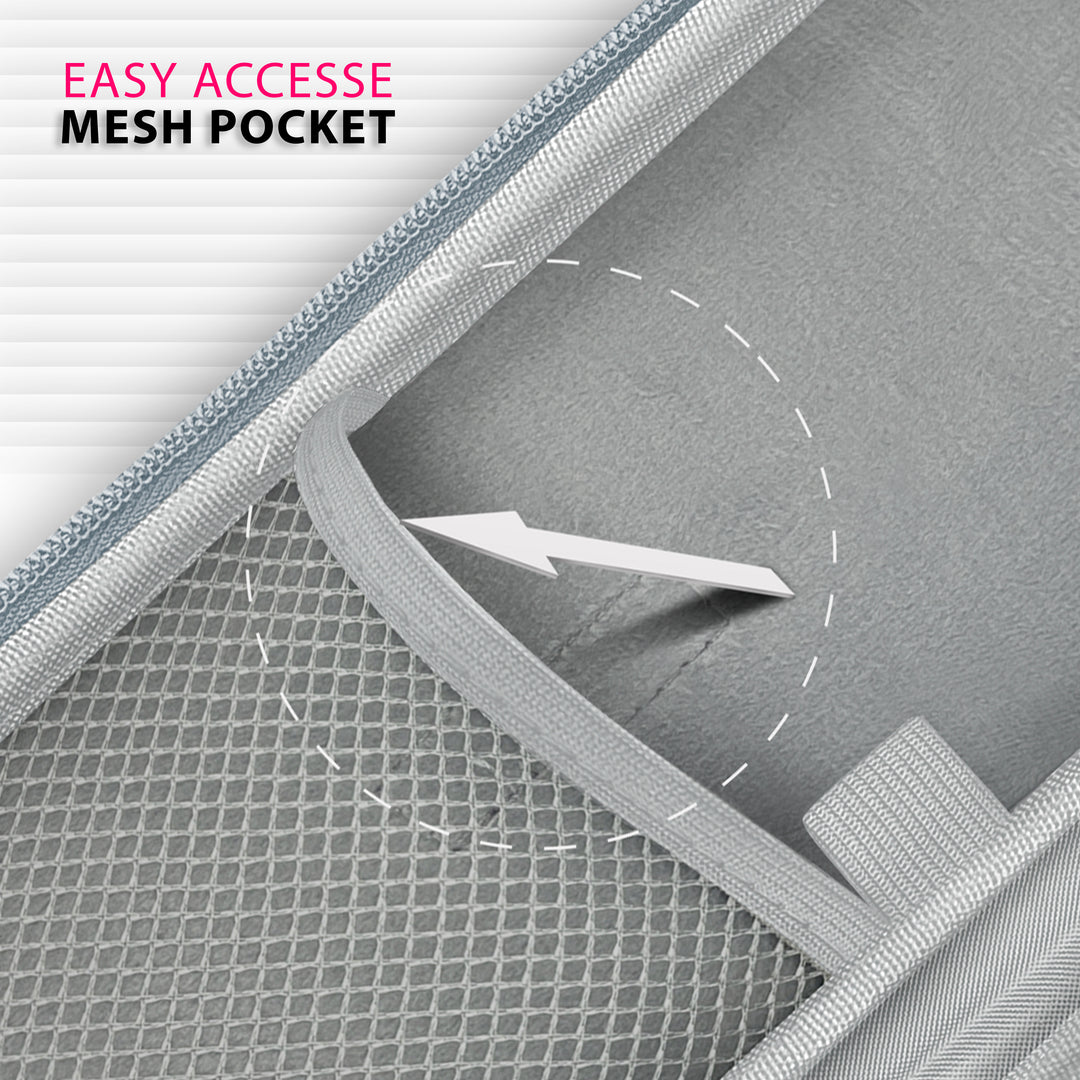 A detailed view looking inside the gray stethoscope case, highlighting the "easy accesse mesh pocket" (sic) on the left side, designed for organized storage of medical accessories.