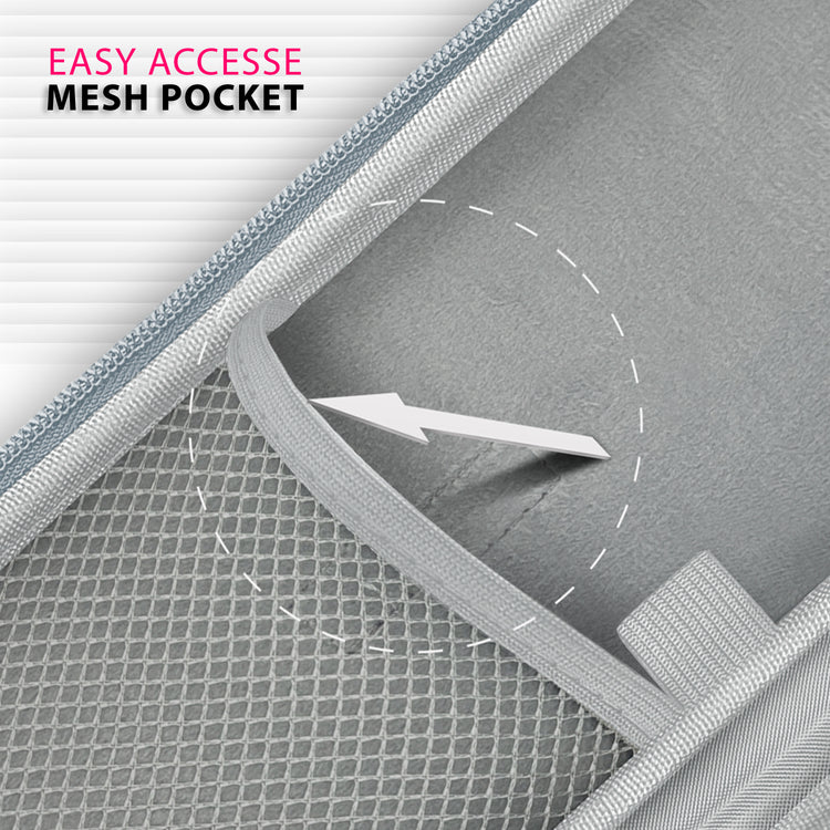 A detailed view looking inside the gray stethoscope case, highlighting the "easy accesse mesh pocket" (sic) on the left side, designed for organized storage of medical accessories.