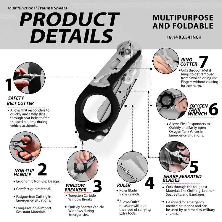 An infographic detailing the seven features of multifunctional, foldable trauma shears, highlighting a safety belt cutter, non-slip handle, window breaker, ruler, sharp serrated blades, oxygen tank wrench, and ring cutter.