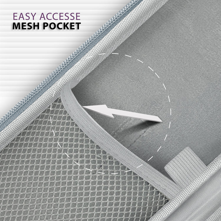 A detailed view looking inside the gray stethoscope case, highlighting the "easy accesse mesh pocket" (sic) on the left side, designed for organized storage of medical accessories.