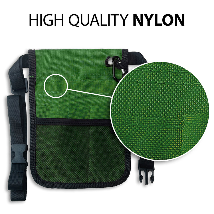 An infographic highlighting the material quality. The green bag is shown with a large circular magnifying glass effect over the fabric, revealing a tight, durable weave. Text at the top reads "HIGH QUALITY NYLON."